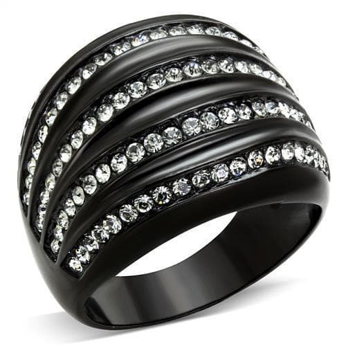 Stainless Steel Black IP Aqua Crystal Pave Diagonal Stripe Ring