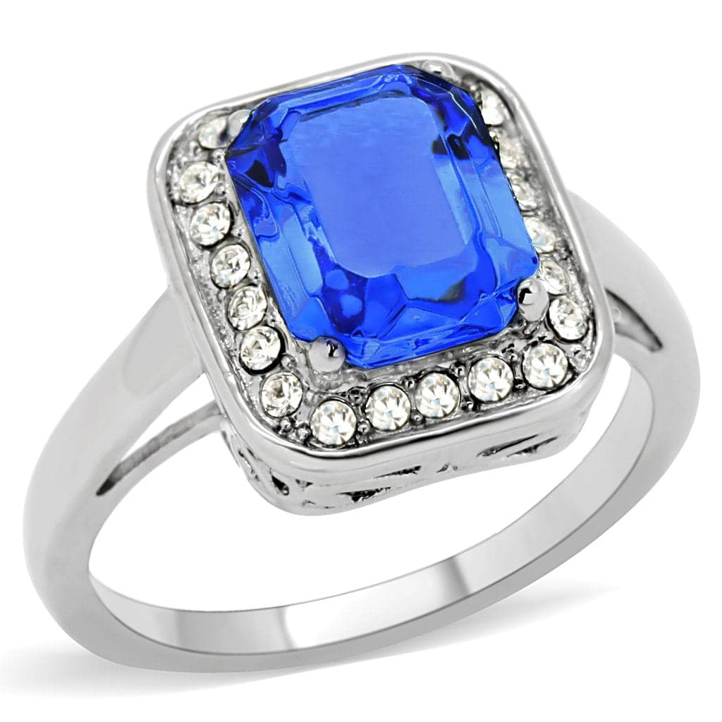 Stainless Steel Blue Sapphire Emerald Cut CZ Halo Ring