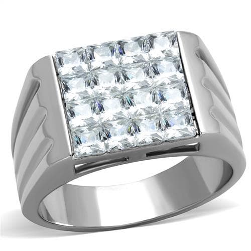 Stainless Steel CZ Princess Grid Large Mens Signet Ring