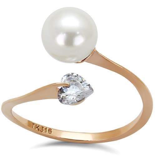 Stainless Steel Rose Gold Pearl CZ Open Bypass Ring