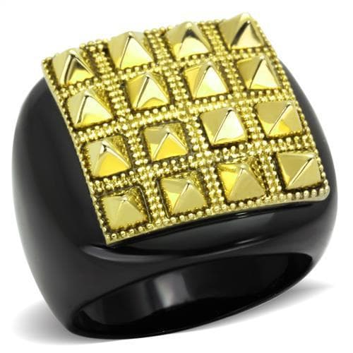 Stainless Steel Black IP Gold Pyramid Stud Square Top Ring