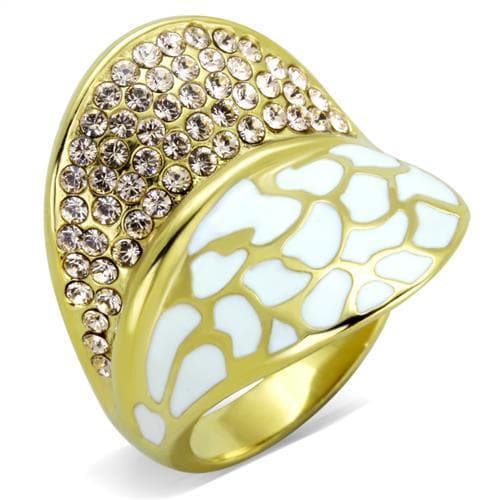 Stainless Steel Gold IP White Enamel Leopard Pave Dome Ring