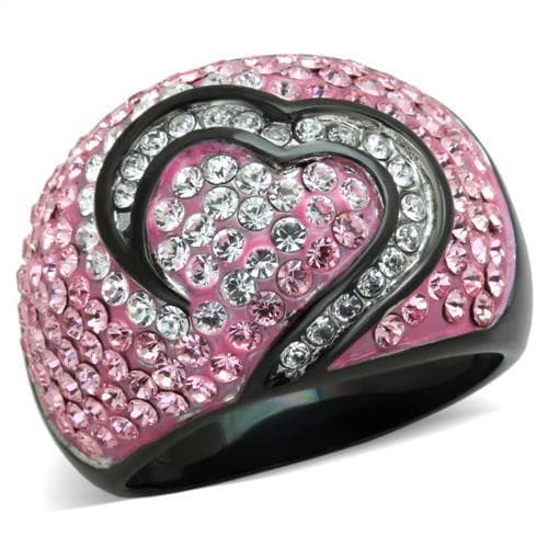 Stainless Steel Pink Crystal Heart Dome Clear CZ Black IP Ring