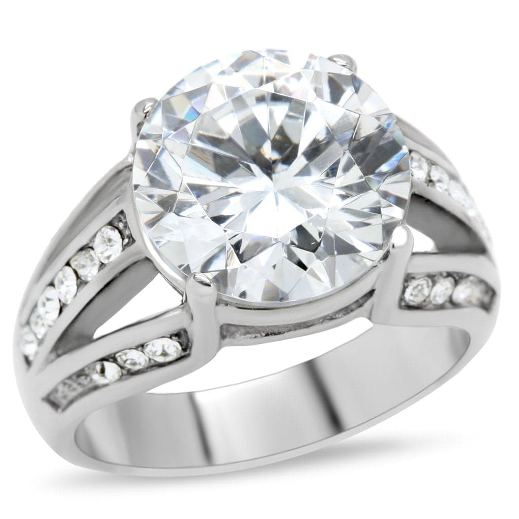Stainless Steel CZ Large Round Solitaire Split Shank Pave Ring