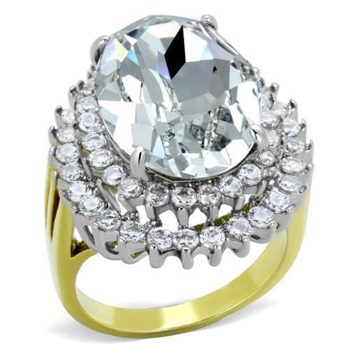 Stainless Steel CZ Oversized Oval Double Halo Two Tone Ring