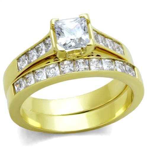 Stainless Steel Gold IP Princess CZ Channel Bridal Set Ring