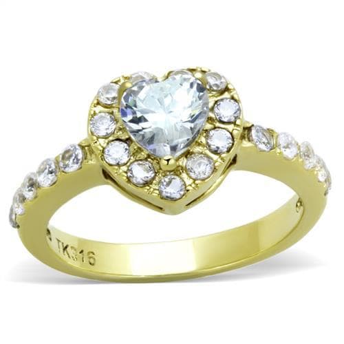 Stainless Steel Gold IP Round CZ Heart Halo Ring