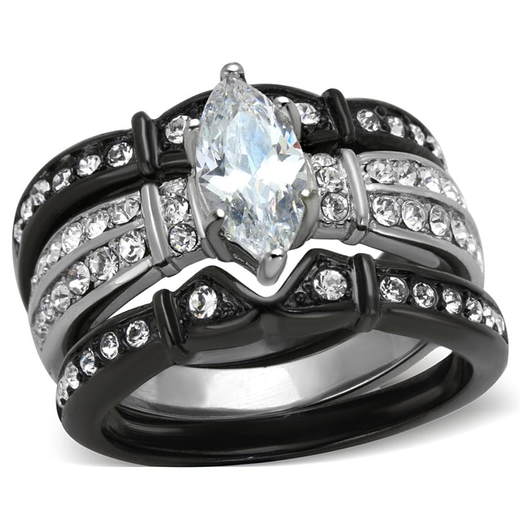 Stainless Steel CZ Marquise Black IP Zigzag Bridal Set Ring