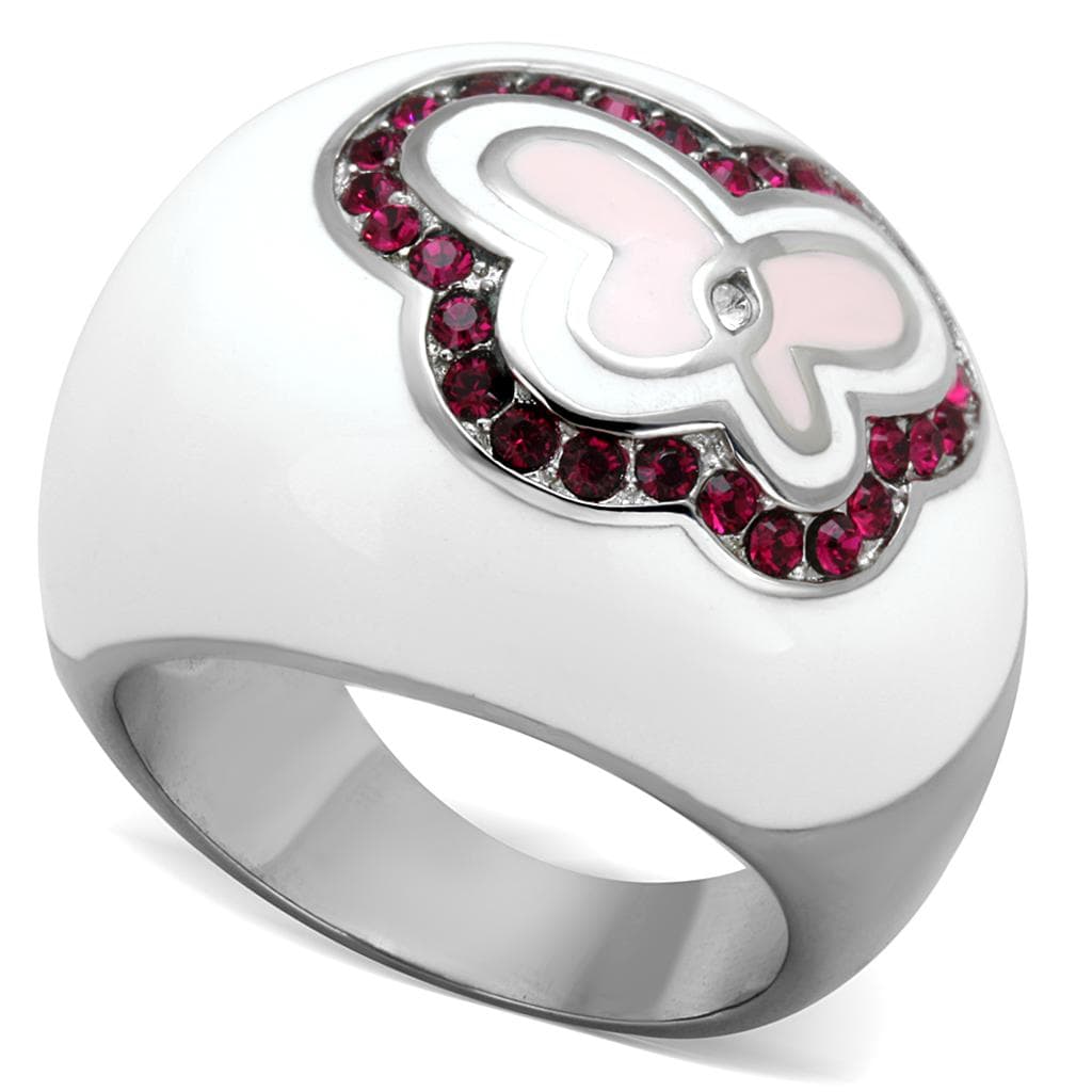 Stainless Steel White Enamel Pink Butterfly Ruby Pave Dome Ring