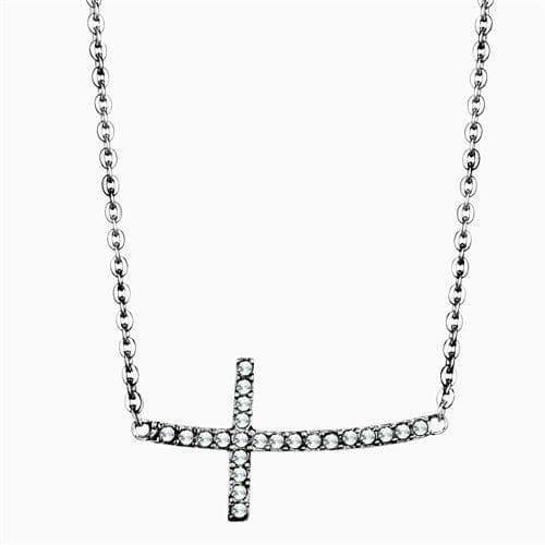 Stainless Steel CZ Sideways Cross Pendant Necklace