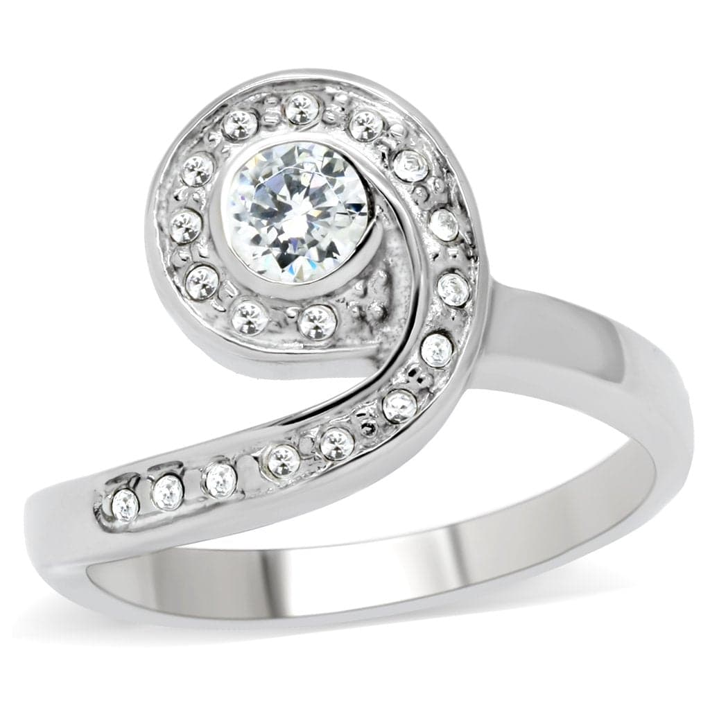 Stainless Steel CZ Round Bezel Swirl Bypass Ring