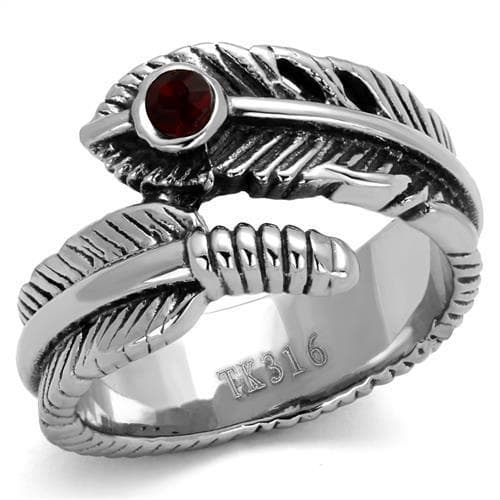 Stainless Steel Feather Wrap Red Garnet Eye Ring