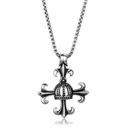 Stainless Steel Fleur De Lis Crown Cross Pendant Necklace