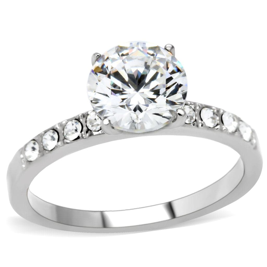 Stainless Steel CZ Round Solitaire Slim Band Ring TK198