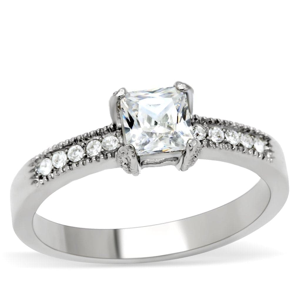 Stainless Steel CZ Princess Solitaire Channel Band Ring
