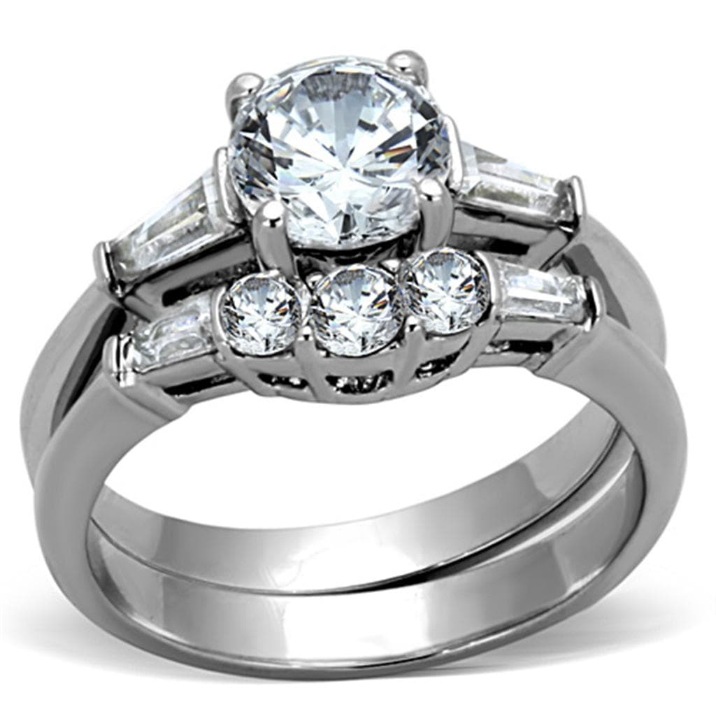 Stainless Steel CZ Round Baguette Side Bridal Set Ring