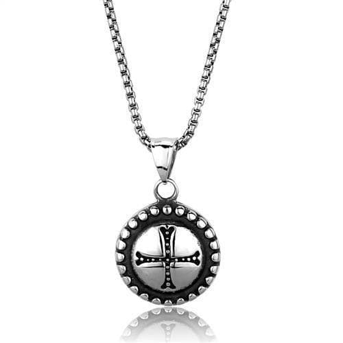 Stainless Steel Beaded Cross Circle Medallion Pendant Necklace