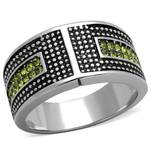 Stainless Steel Olive Green CZ Grid Panel Wide Mens Band Ring