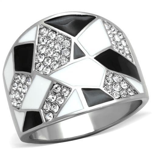 Stainless Steel White Black Enamel Geometric Mosaic CZ Pave Ring