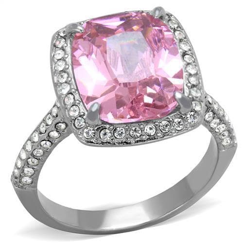 Stainless Steel Pink Cushion CZ Double Halo Pave Ring
