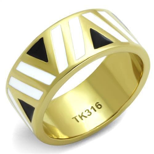 Stainless Steel Gold IP Black Enamel Diagonal Stripe Wide Ring