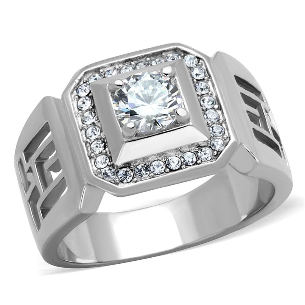 Stainless Steel CZ Princess Bezel Greek Key Mens Signet Ring