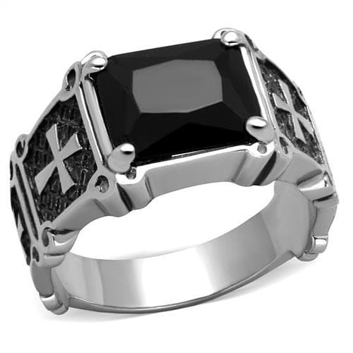 Stainless Steel Black Onyx Emerald Cut Cross Detail Mens Ring