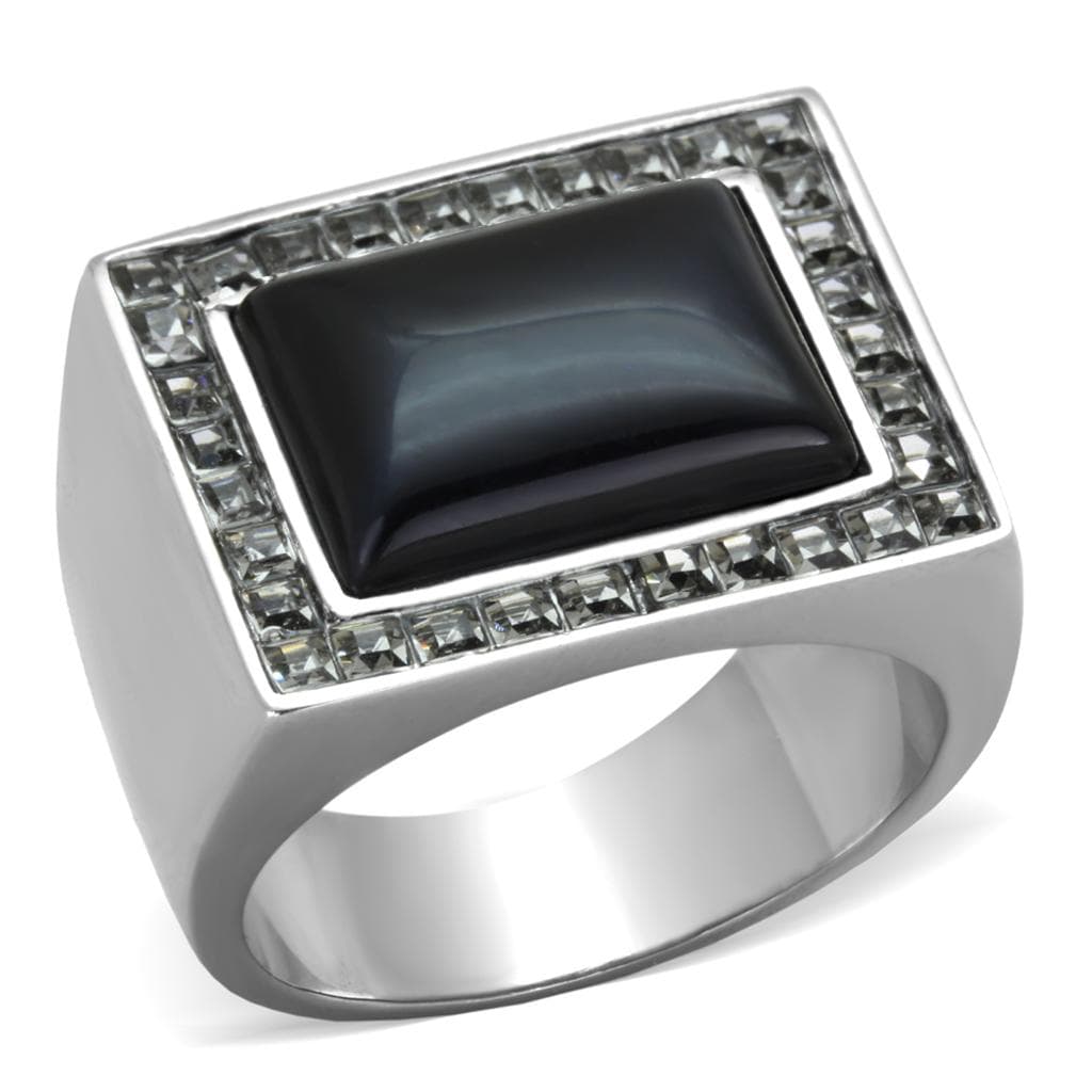 Stainless Steel Black Onyx Rectangle CZ Halo Mens Signet Ring