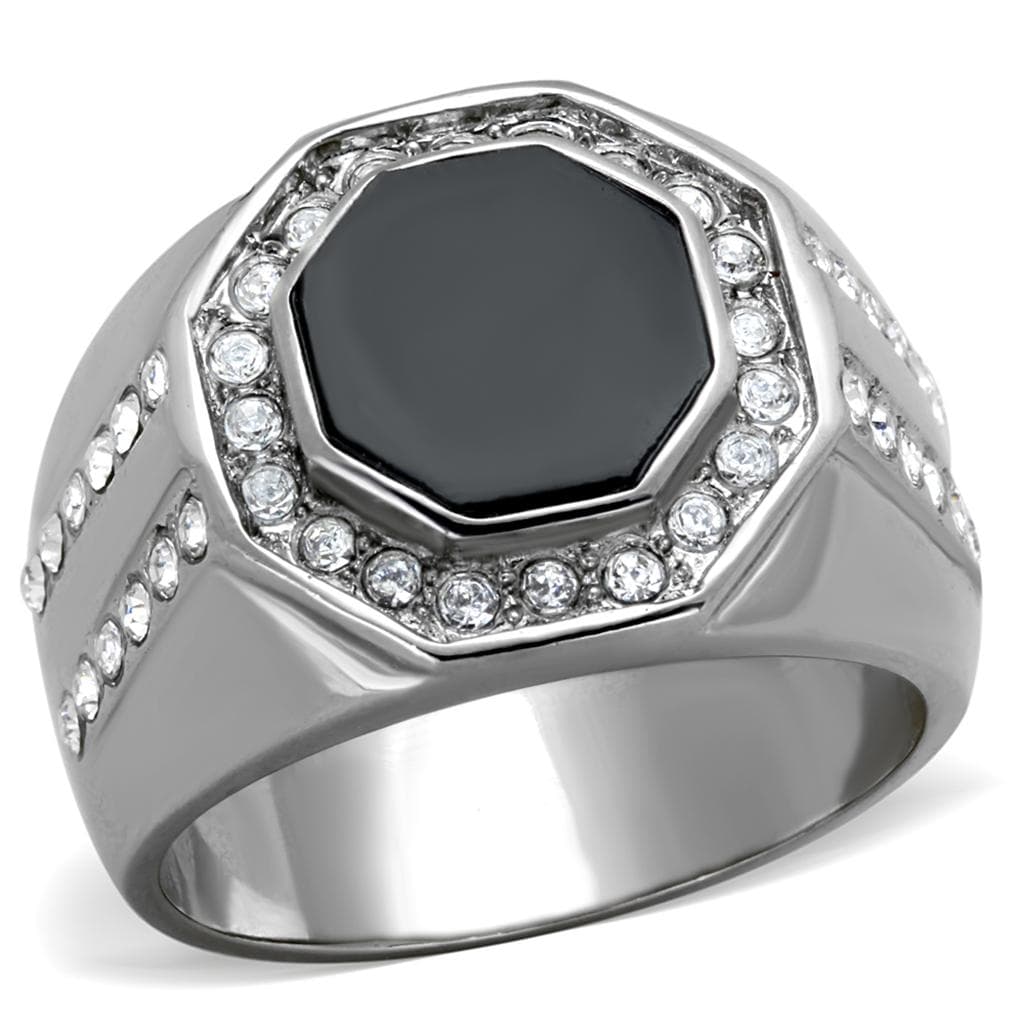 Stainless Steel Black Onyx Octagonal CZ Pave Halo Mens Ring