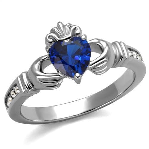 Stainless Steel Blue Sapphire Heart Claddagh CZ Crown Ring