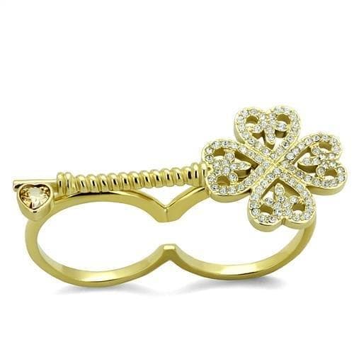 Stainless Steel Gold IP CZ Four Leaf Clover Double Finger Ring