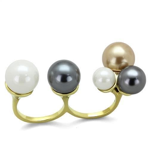 Stainless Steel Gold IP Multi Pearl Cluster Open Cuff Ring