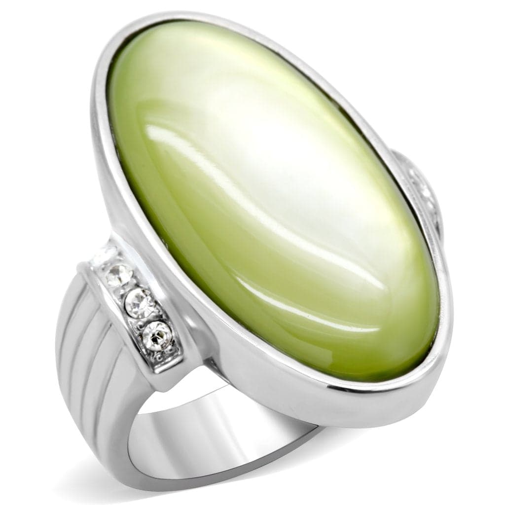Stainless Steel Green Cats Eye Oval Cabochon CZ Accent Ring