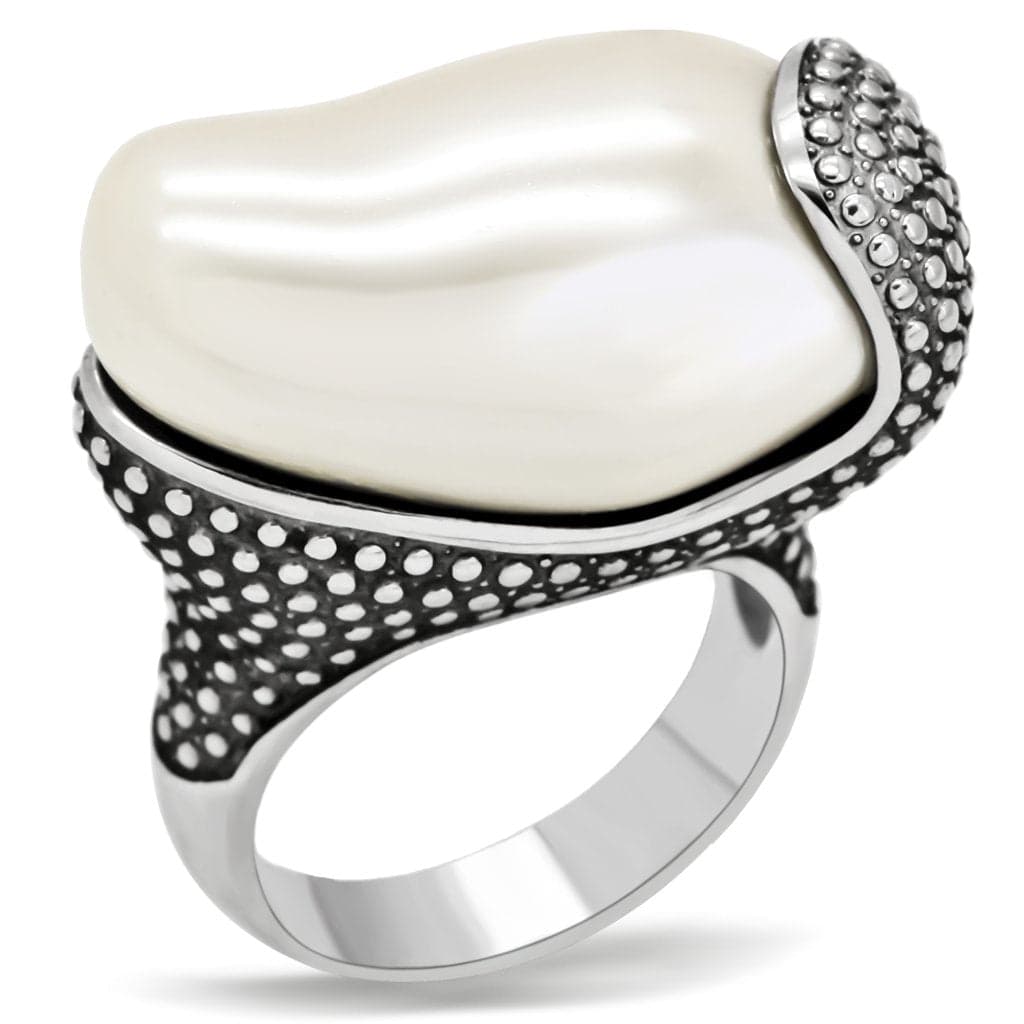 Stainless Steel Large Pearl Dome Dotted Bezel Cocktail Ring