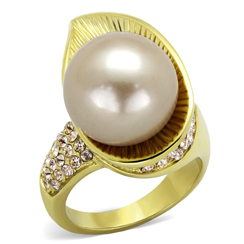 Stainless Steel Gold IP Pearl Sunburst Ribbed CZ Accent Ring
