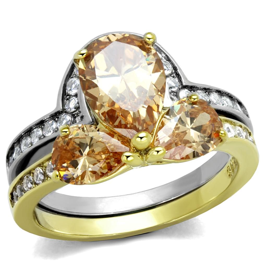 Stainless Steel Champagne CZ Pear Halo Two Tone Bridal Set Ring