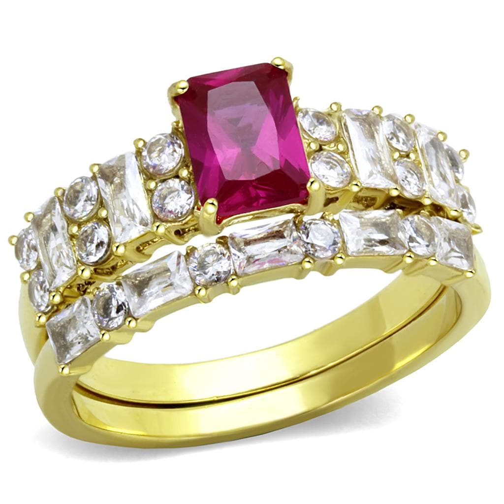 Stainless Steel Gold IP Ruby Emerald Cut CZ Baguette Sides Ring