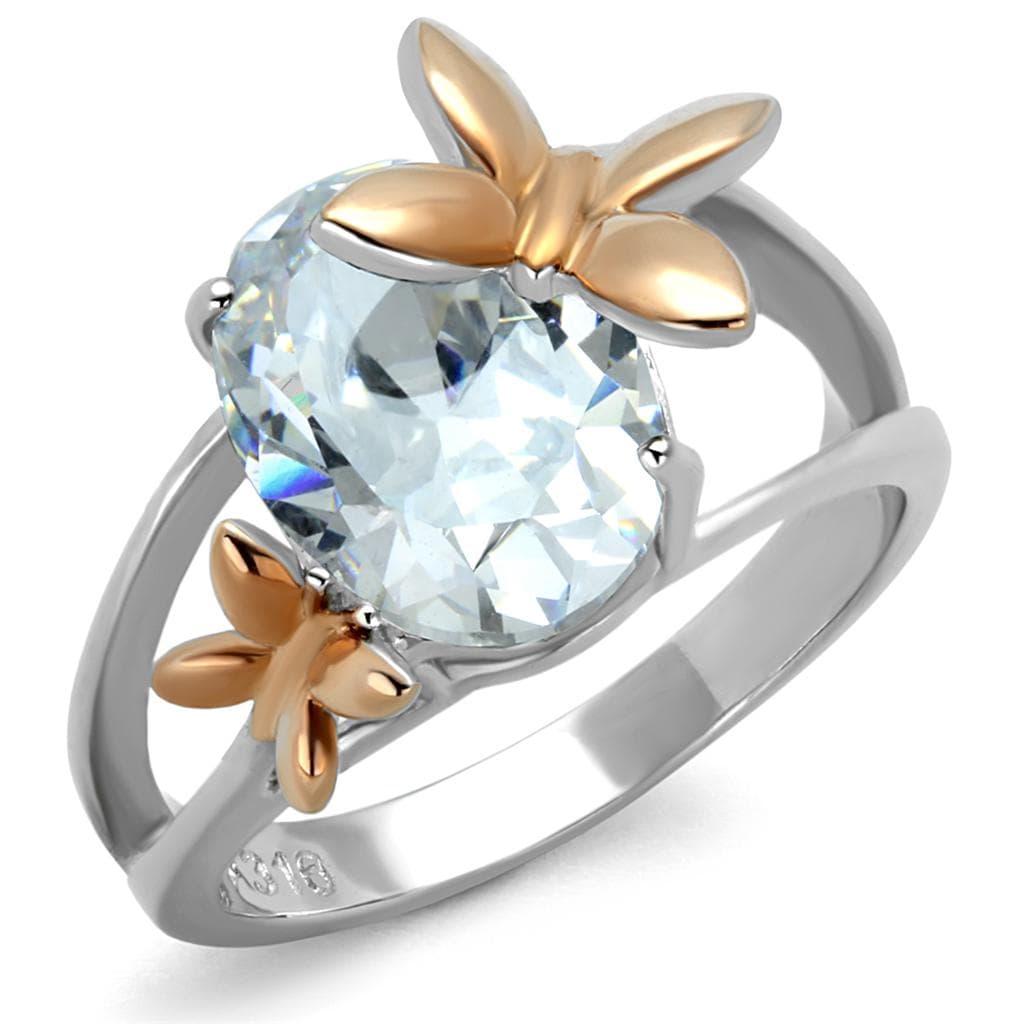 Stainless Steel CZ Oval Rose Gold Butterfly Accent Ring