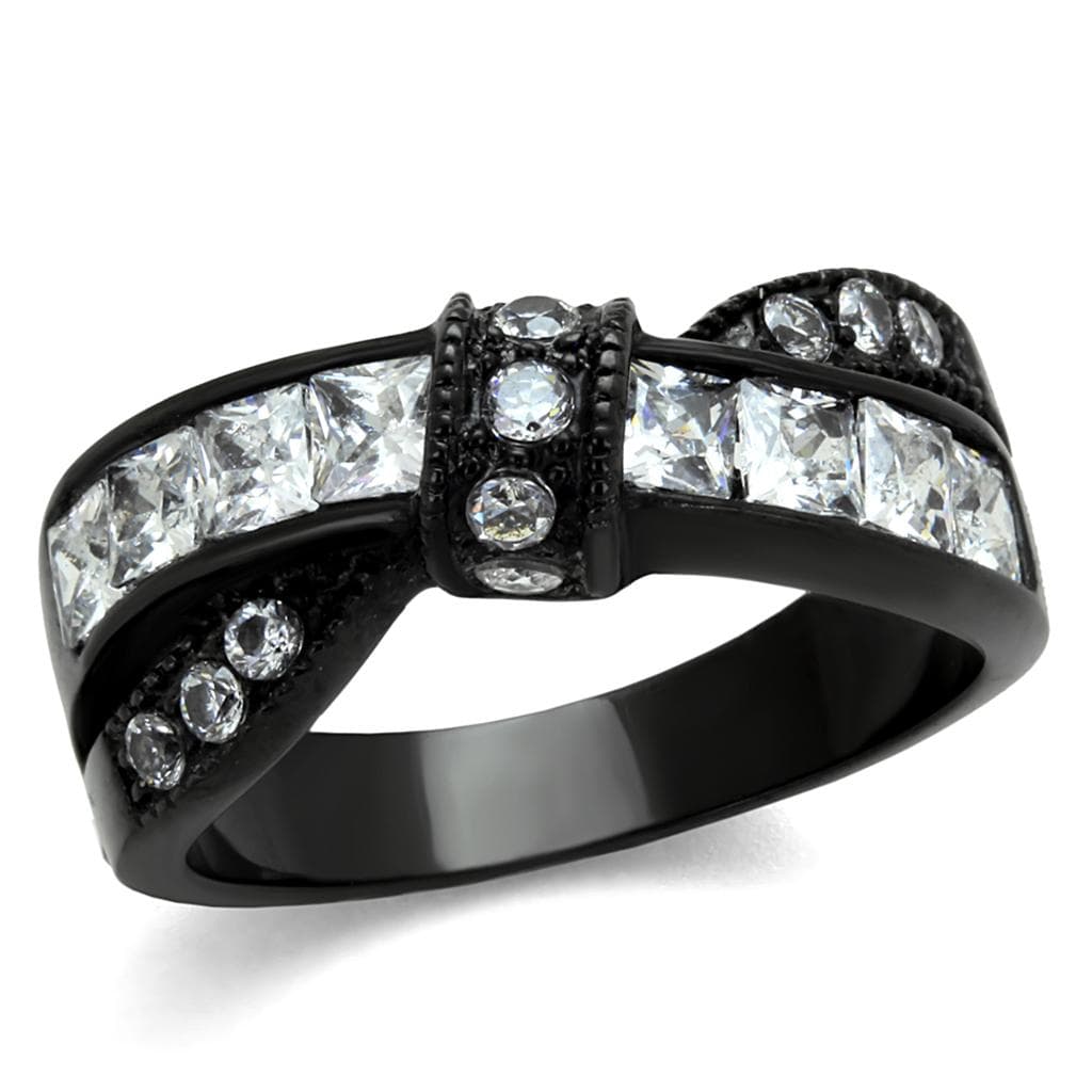 Stainless Steel CZ Princess Channel Black Ring