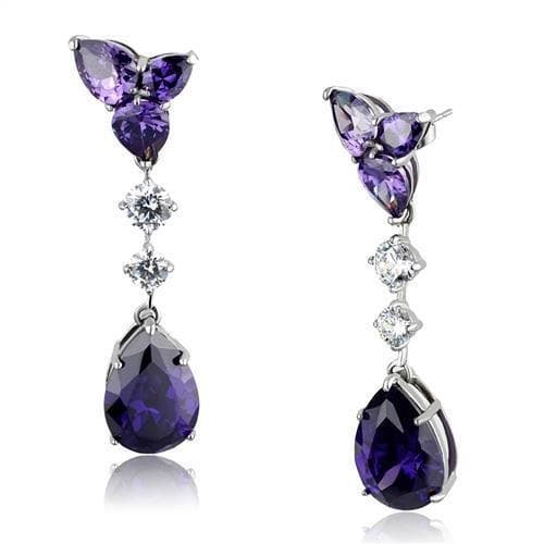 Stainless Steel Amethyst Purple Pear Trillion CZ Drop Earrings