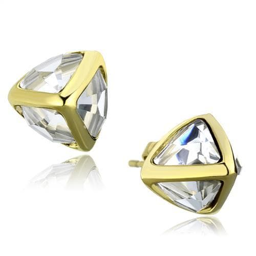 Stainless Steel Gold IP CZ Trillion Triangle Prong Stud Earrings