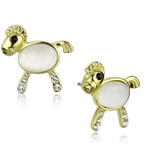 Stainless Steel Gold IP Cats Eye Horse Pony Figure Stud Earrings