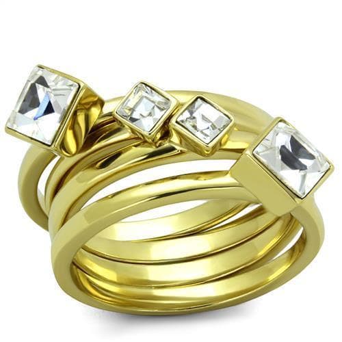 Stainless Steel Gold IP CZ Square Trio Stacking Band Set Ring