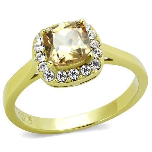 Stainless Steel Gold IP Champagne Cushion CZ Halo Ring
