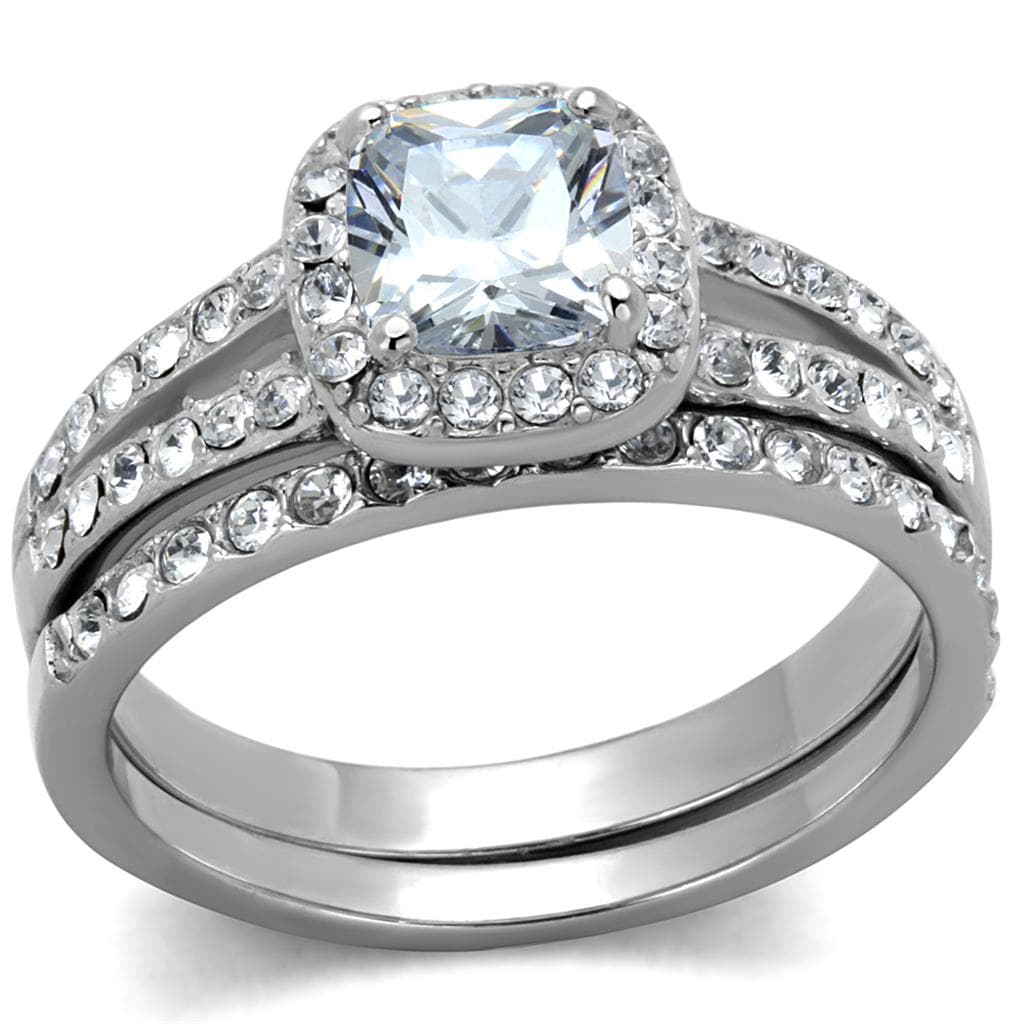 Stainless Steel CZ Princess Halo Pave Bridal Set Ring