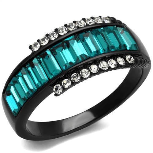 Stainless Steel Black IP Teal Blue Baguette Channel CZ Pave Ring
