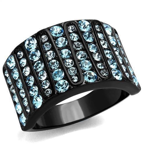 Stainless Steel Black IP Light Blue Aqua CZ Multi Row Wide Ring