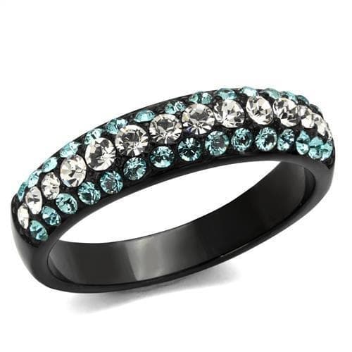 Stainless Steel Black IP Aqua Blue Clear CZ Triple Row Ring