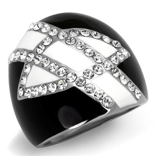 Stainless Steel Black IP White CZ V Chevron Pave Dome Ring