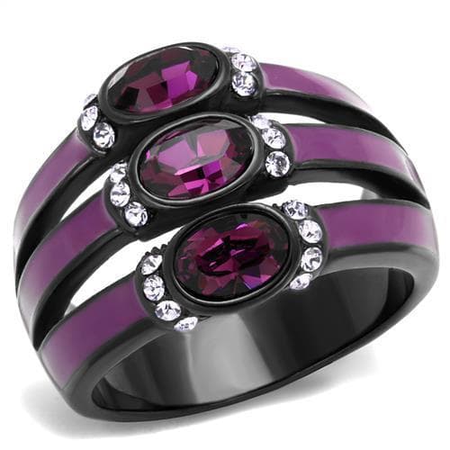 Stainless Steel Purple Amethyst Oval CZ Stripe Dome Black IP Ring